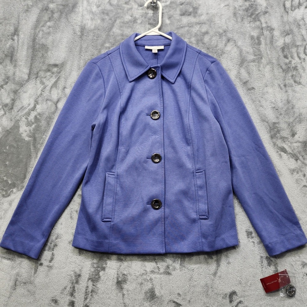 NEW JM Collection Jacket Womens Baltic Blue Button Front Stretch Knit Preppy